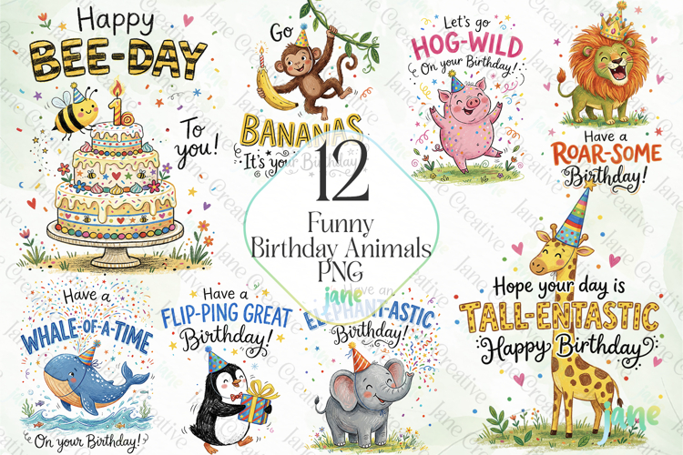 Funny Birthday Animals PNG Clipart Bundle