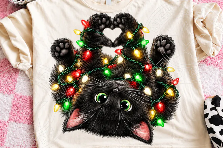 Funny Black Cat Christmas Lights PNG