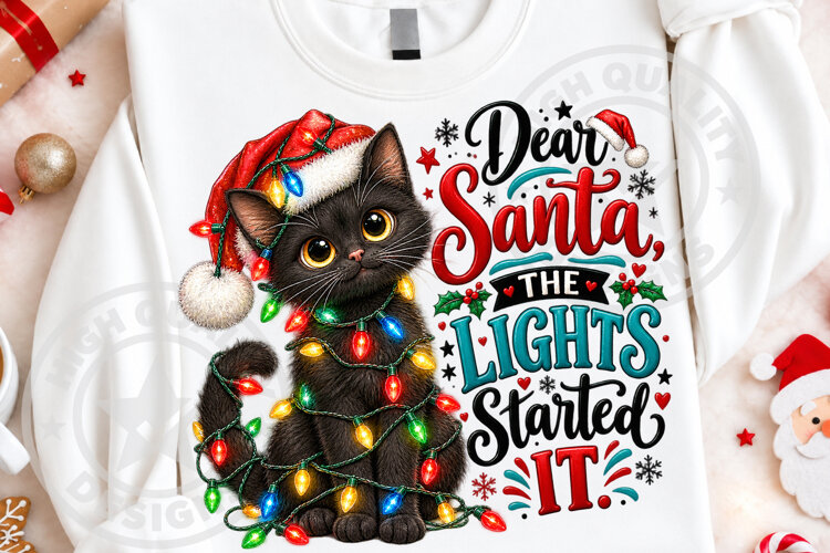 Funny Black Cat Christmas Lights PNG example image 1