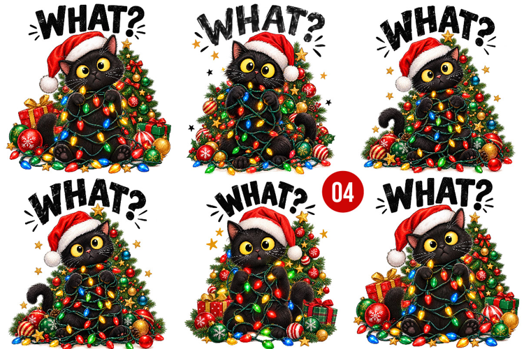 Funny Black Cat Christmas PNG, Holiday Lights Santa Hat Png