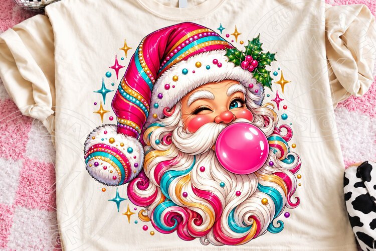 Funny Bubblegum Santa Sublimation PNG, Colorful Pink Christm example image 1