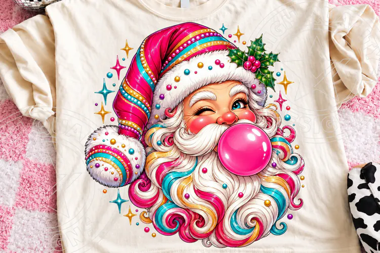 Funny Bubblegum Santa Sublimation PNG, Colorful Pink Christm
