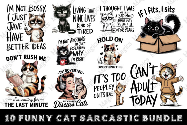 Funny Cat Sarcastic Sassy Bundle Png example image 1