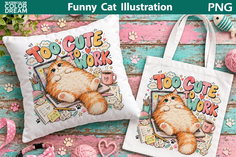 Too Cute to Work | Funny Cat Sublimation example image 1