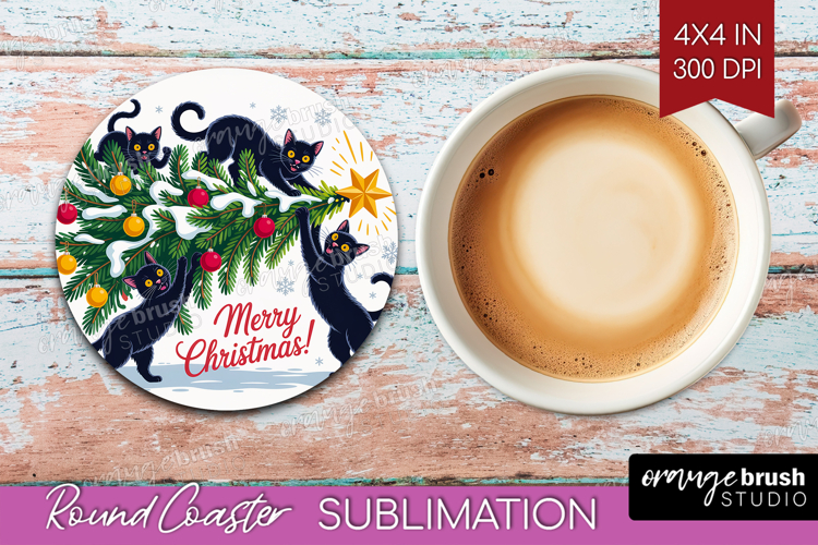 Funny Cats Xmas Round Coaster Christmas Coaster PNG