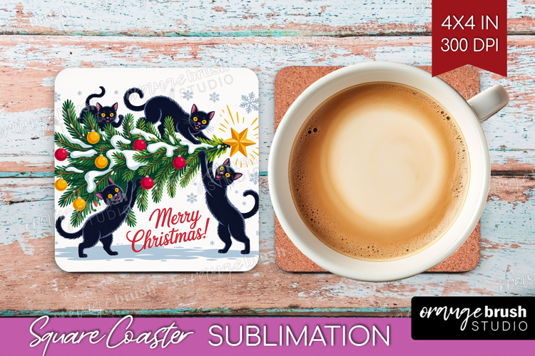 Funny Cats Xmas Square Coaster Christmas Coaster PNG