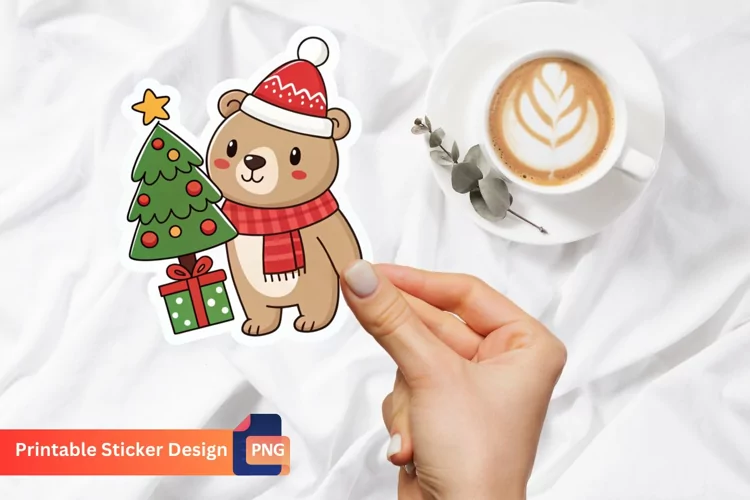 Funny Christmas Bear Sticker, Christmas Animal Sticker
