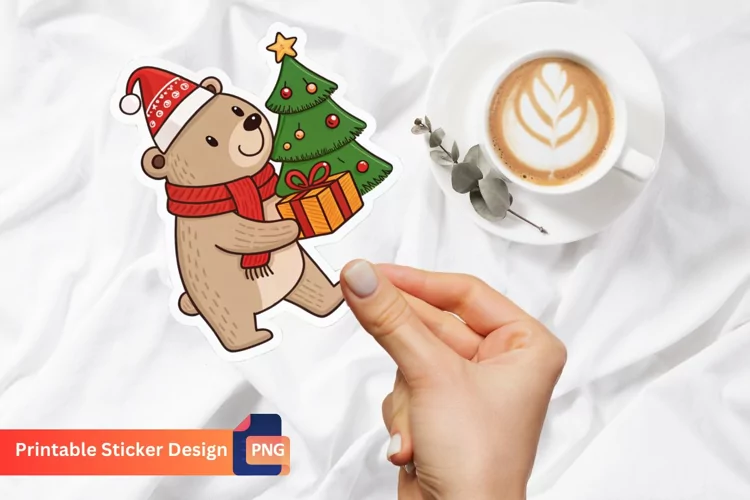 Funny Christmas Bear Sticker, Christmas Animal Sticker