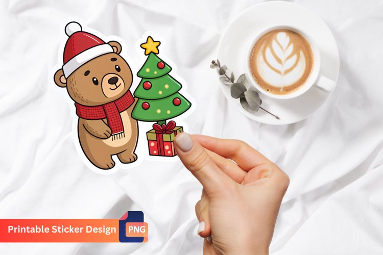 Funny Christmas Bear Sticker, Christmas Animal Sticker example image 1