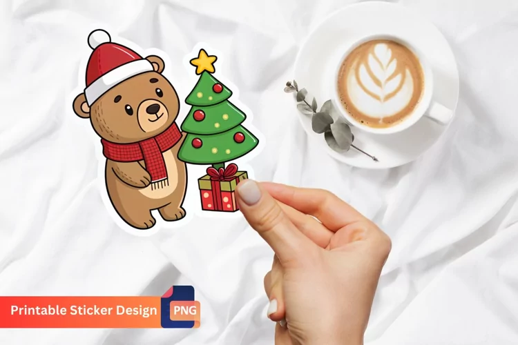 Funny Christmas Bear Sticker, Christmas Animal Sticker