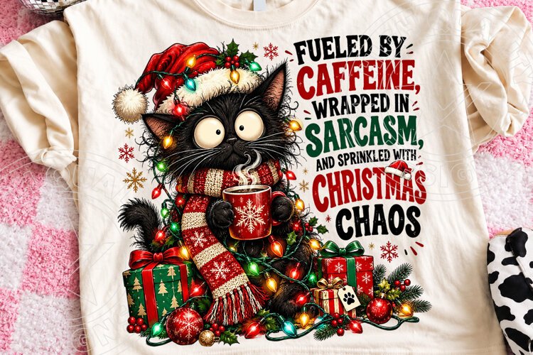 Funny Christmas Cat Sublimation PNG, Caffeine and Sarcasm Ho example image 1