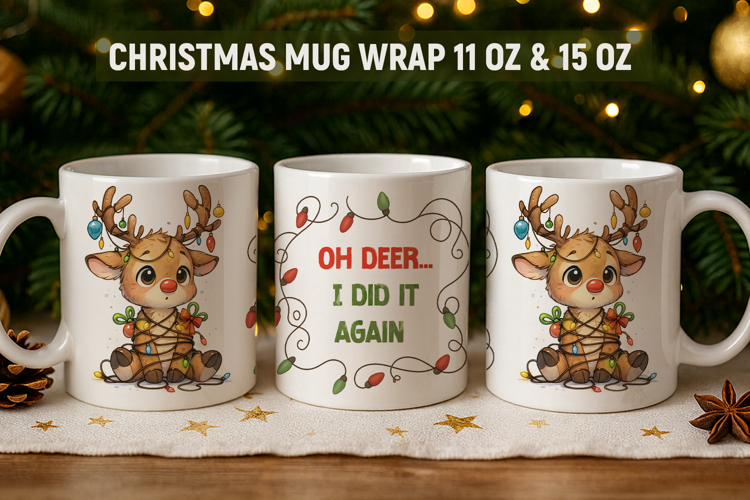 Festive Christmas Mug Wrap, funny christmas mug, deer mug