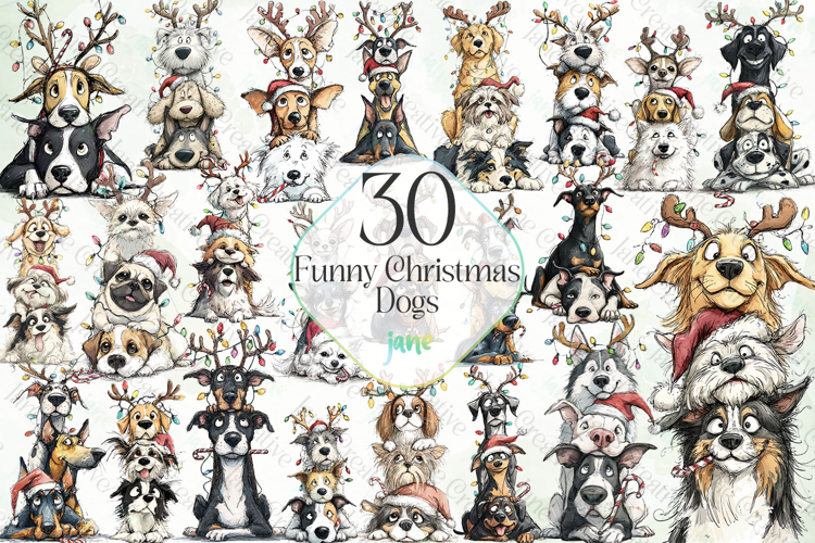 Funny Christmas Dogs Hand Drawn Clipart Bundle