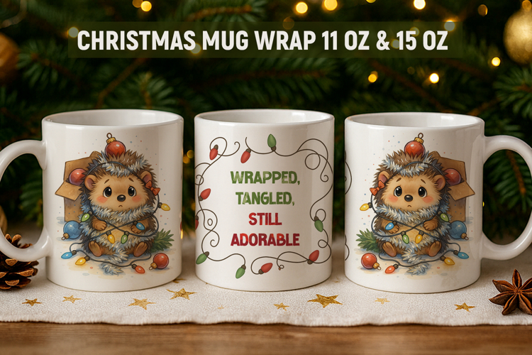 Festive Christmas Mug Wrap, hedgehog mug wrap, Funny xmas
