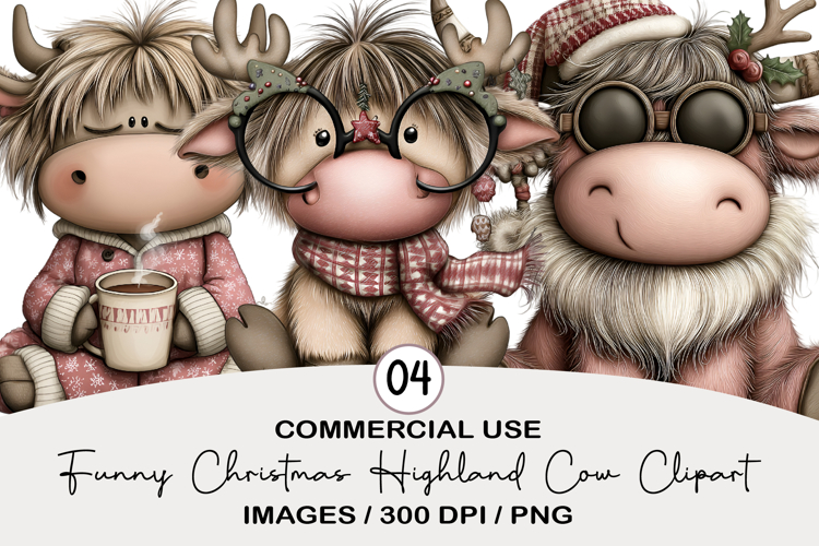 Funny Christmas Highland Cow Clipart