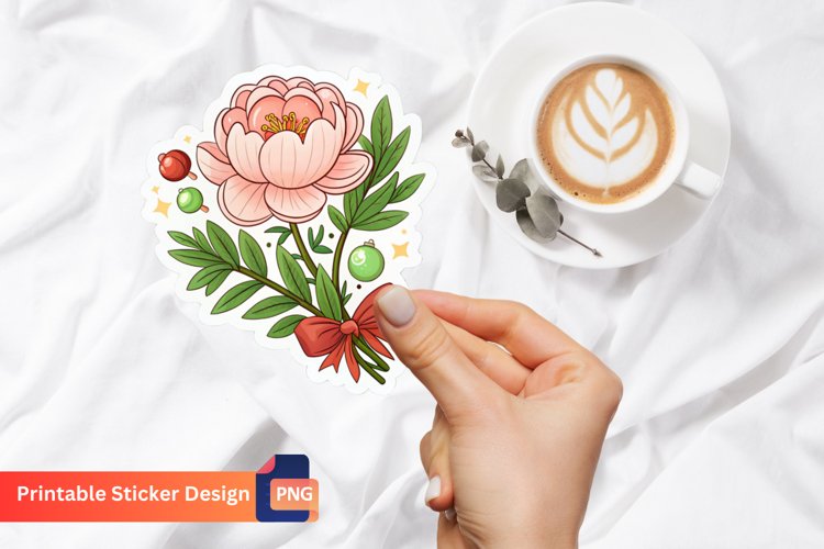Funny Christmas Peony Flower Sticker, Christmas Floral Art