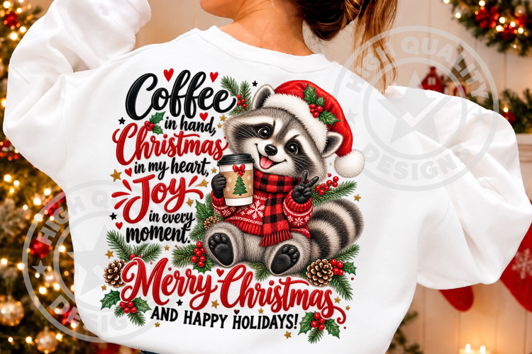 Funny Christmas Raccoon Coffee Lover PNG