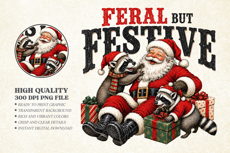 Funny Christmas Raccoon PNG - Feral But Festive Art