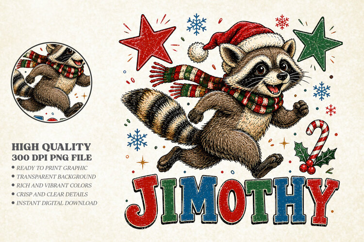Funny Christmas Raccoon PNG - Jimothy Holiday Art example image 1