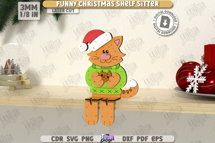 Christmas Shelf Sitter Laser Cut | Xmas Character | Cat SVG