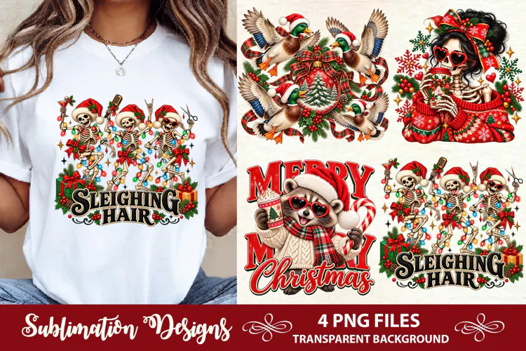 Funny Christmas Skeletons Sleighing Hair PNG