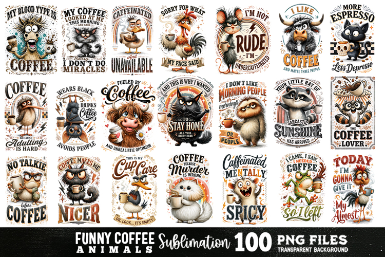 Funny Coffee Animals Sublimation Bundle 100 Designs PNG