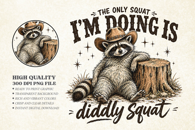 Funny Diddly Squat Raccoon PNG, Vintage Western Sublimation