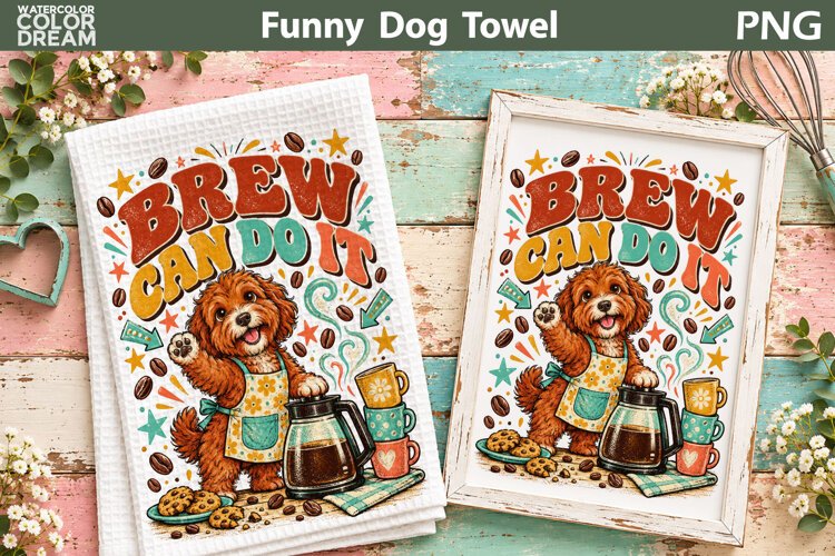Funny Coffee Dog PNG | Kitchen Towel Sublimation example image 1