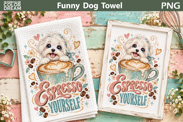 Funny Coffee Dog PNG | Espresso Yourself Towel Sublimation