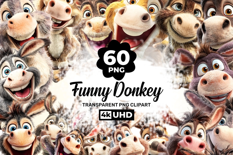 Funny Donkey 60 PNG Clipart Bundle 4K UHD 4K Transparent BG