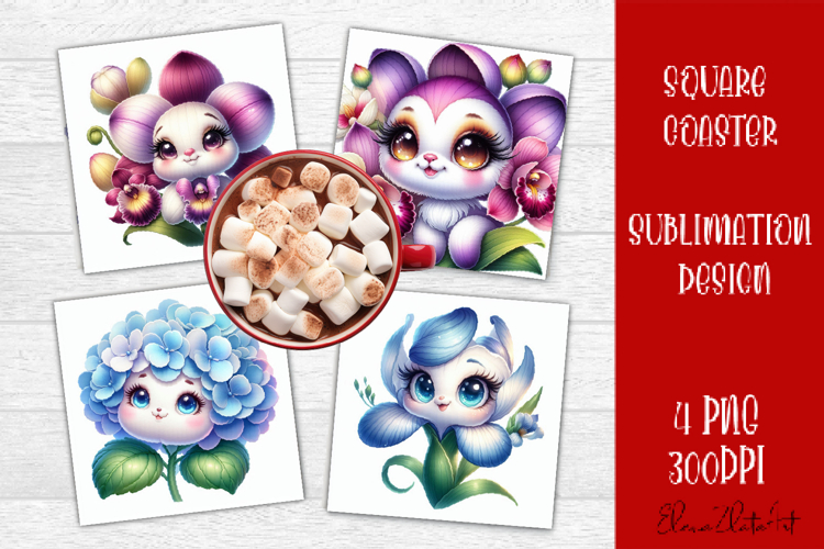 Funny Face Flowers Square Coaster | Summer Sublimation PNG