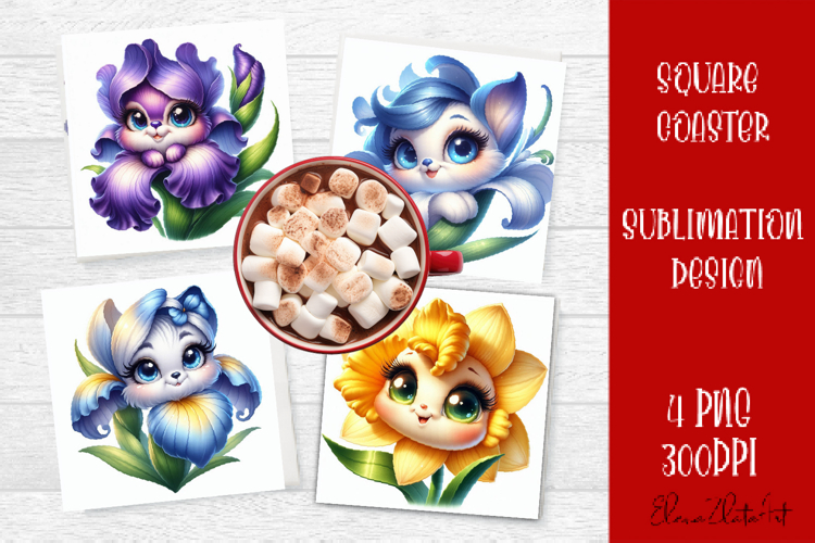 Funny Face Flowers Square Coaster | Summer Sublimation PNG