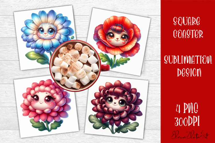 Funny Face Flowers Square Coaster | Summer Sublimation PNG