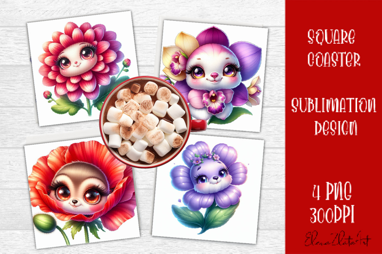 Funny Face Flowers Square Coaster | Summer Sublimation PNG