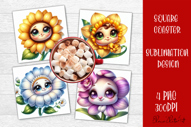 Funny Face Flowers Square Coaster | Summer Sublimation PNG