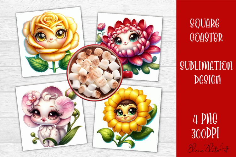 Funny Face Flowers Square Coaster | Summer Sublimation PNG
