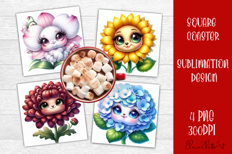 Funny Face Flowers Square Coaster | Summer Sublimation PNG