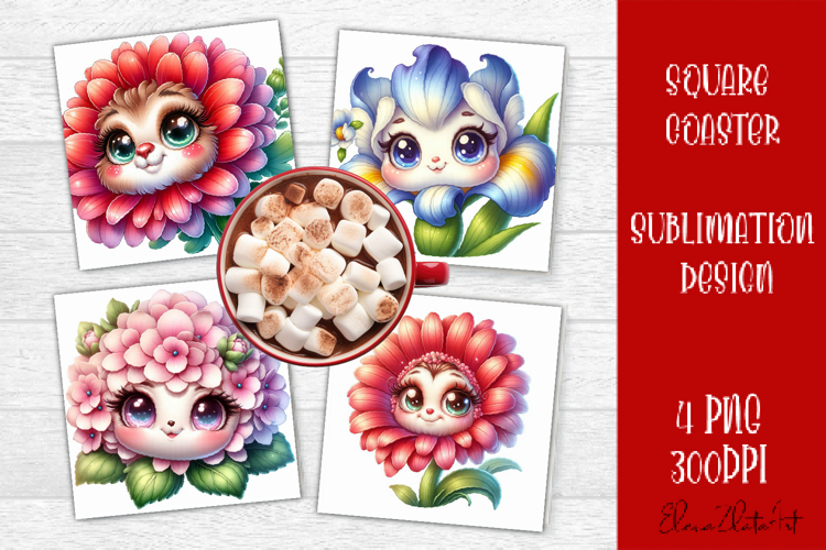 Funny Face Flowers Square Coaster | Summer Sublimation PNG