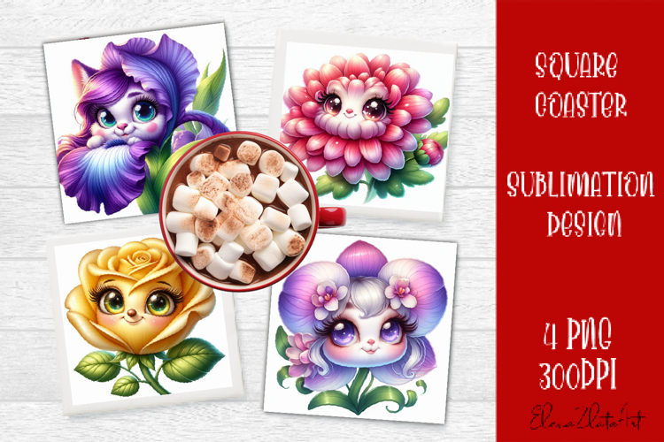 Funny Face Flowers Square Coaster | Summer Sublimation PNG