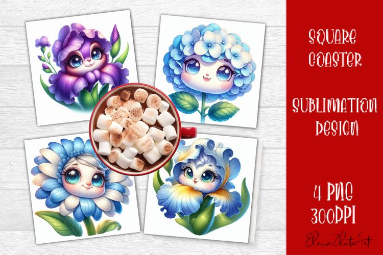 Funny Face Flowers Square Coaster | Summer Sublimation PNG