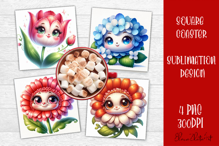 Funny Face Flowers Square Coaster | Summer Sublimation PNG