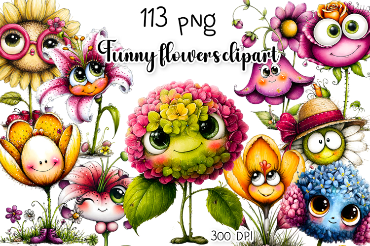 Kawaii Funny Flowers with Big Eyes watercolor Flower Clipart