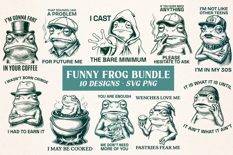 Funny Frog SVG Bundle, 10 Sarcastic Toad Quotes PNG Designs