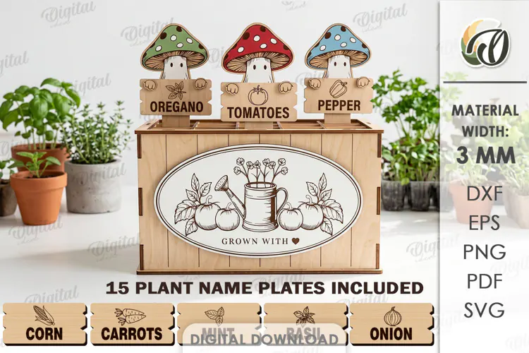 Funny Mushrooms Plant Markers with Box Laser Cut. Garden SVG