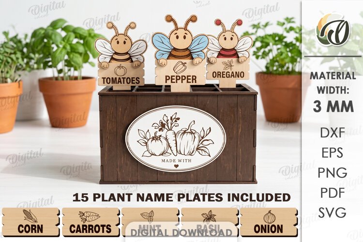 Funny Bees Plant Markers with Box Laser Cut. Garden SVG example image 1