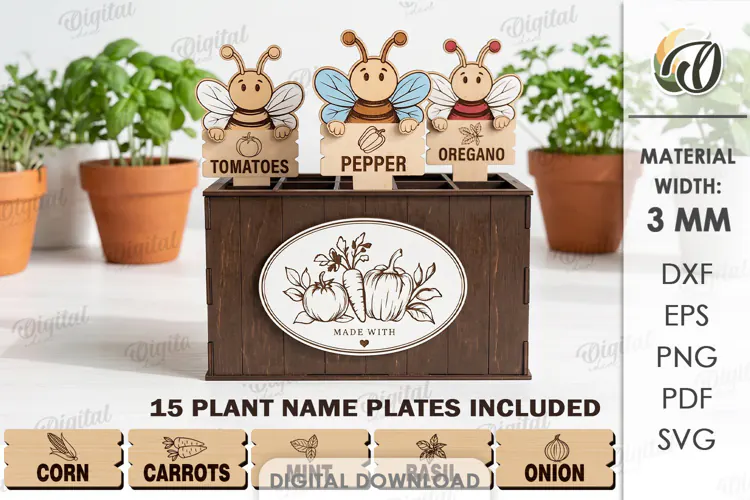 Funny Bees Plant Markers with Box Laser Cut. Garden SVG
