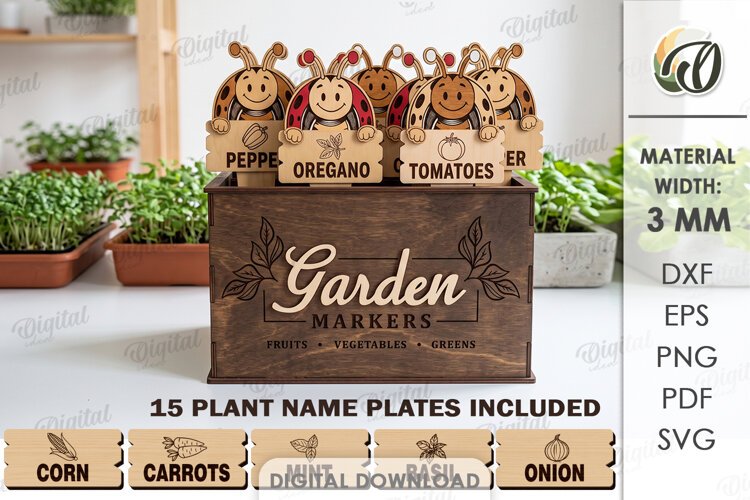 Funny Ladybugs Plant Markers with Box Laser Cut. Garden SVG example image 1