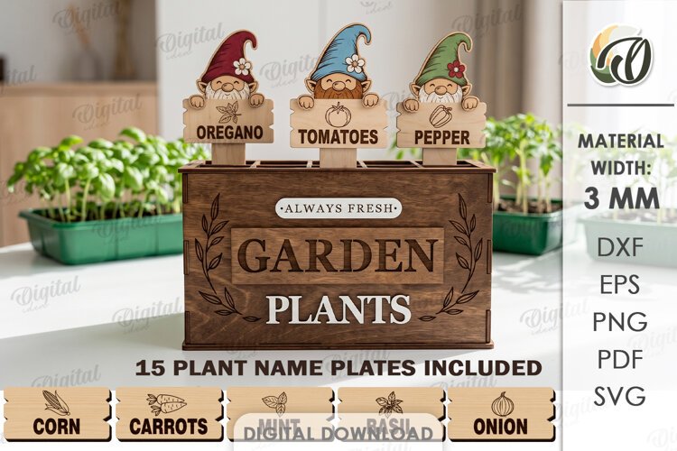 Funny Gnomes Plant Markers with Box Laser Cut. Garden SVG example image 1