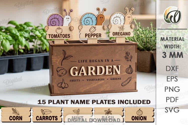Funny Snails Plant Markers with Box Laser Cut. Garden SVG example image 1