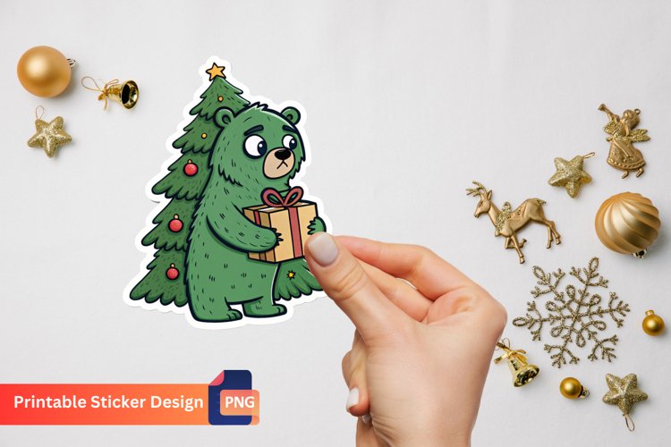 Funny Green Grumpy Christmas Bear, Christmas Bear Art example image 1